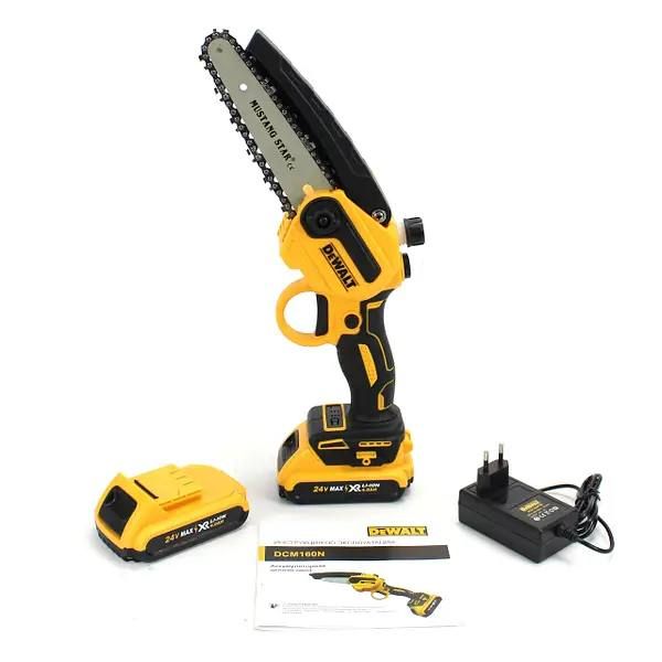 Аккумуляторная цепная мини пила DeWalt DCM160N 24V 4AH шина 20 см на 2 аккумулятора 8" дюймов с автоматической смазкой цепи в кейсе, Веткорез деволт